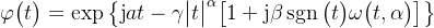 \varphi\big(t\big)=\exp\left\{\text{j}at-\gamma\big|t\big|^\alpha\big[1+\text{j}\beta\operatorname{sgn}\big(t\big)\omega\big(t,\alpha\big)\big]\right\}