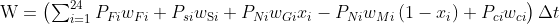 \begin{array}{l} \mathrm{W}=\left(\sum_{i=1}^{24} P_{F i} w_{F i}+P_{s i} w_{\mathrm{S} i}+P_{N i} w_{G i} x_{i}-P_{N i} w_{M i}\left(1-x_{i}\right)+P_{c i} w_{c i}\right) \Delta t \end{array}