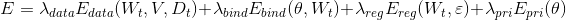 E={\lambda}_{data}E_{data}(W_t,V,D_t)+{\lambda}_{bind}E_{bind}(\theta,W_t)+{\lambda}_{reg}E_{reg}(W_t,\varepsilon)+{\lambda}_{pri}E_{pri}(\theta)