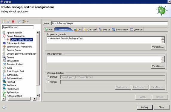 TestsRulesEngineTest 类的 Drools Application 启动配置（Arguments 选项卡）