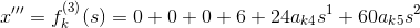 $$ x''' = f_k^{(3)}(s) = 0+ 0 + 0 + 6 + 24a_{k4}s^1 + 60a_{k5}s^2 $$