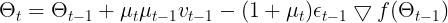 \large \Theta_t = \Theta_{t-1} + \mu_t \mu_{t-1} v_{t-1} - (1+\mu_t) \epsilon_{t-1} \bigtriangledown f(\Theta_{t-1})