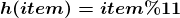 \boldsymbol{h(item) = item \% 11}