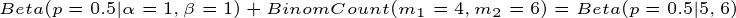 \tiny Beta(p=0.5|\alpha=1 ,\beta=1 ) + BinomCount(m_1=4,m_2=6) =Beta(p=0.5|5,6)