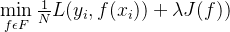 \min\limits_{f\epsilon F}\frac{1}{N}L(y_i, f(x_i)) + \lambda J(f))