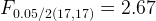 \large F_{0 . 05 / 2 ( 17 , 17 )}=2 . 67