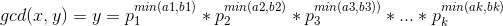 gcd(x,y)=y=p_{1}^{min(a1,b1)}*p_{2}^{min(a2,b2)}*p_{3}^{min(a3,b3))}*...*p_{k}^{min(ak,bk)}