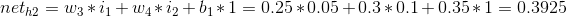 net_{h2}=w_{3}*i_{1}+w_{4}*i_{2}+b_{1}*1=0.25*0.05+0.3*0.1+0.35*1=0.3925