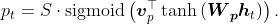 p_{t}=S \cdot \operatorname{sigmoid}\left(\boldsymbol{v}_{p}^{\top} \tanh \left(\boldsymbol{W}_{\boldsymbol{p}} \boldsymbol{h}_{t}\right)\right).