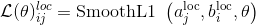 \mathcal{L}(\theta)_{i j}^{l o c}=\text {SmoothL1 }\left(a_{j}^{\text {loc}}, b_{i}^{\text {loc}}, \theta\right)