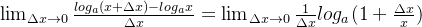 \lim_{\Delta x \to 0} \frac{log_a(x+\Delta x)-log_ax}{\Delta x}=\lim_{\Delta x \to 0}\frac{1}{\Delta x}log_a(1+\frac{\Delta x}{x})