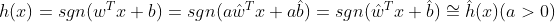 h(x)=sgn(w^Tx+b)=sgn(a \hat{w}^Tx+a\hat{b})=sgn(\hat{w}^Tx+\hat{b})\cong \hat{h}(x)(a>0)