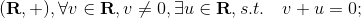 (\mathbf{R}, +), \forall v\in \mathbf{R}, v\not=0, \exists u\in\mathbf{R}, s.t. \quad v + u=0;