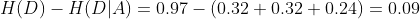 H(D) - H(D|A) = 0.97-(0.32+0.32+0.24) = 0.09