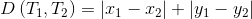 D\left ( T_{1},T_{2} \right )=\left | x_{1}-x_{2} \right |+\left | y_{1}-y_{2} \right |