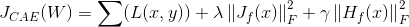 J_{CAE}(W)=\sum(L(x,y))+\lambda \left \| J_{f}(x) \right \|_{F}^2+\gamma \left \| H_{f}(x) \right \|_{F}^{2}