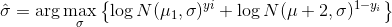 \hat{\sigma}=\arg \max_{\sigma} \left \{ \log N(\mu_1, \sigma)^{yi} + \log N(\mu+2, \sigma)^{1-y_i} \right \}