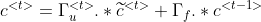 c^{<t>}=\Gamma_u^{<t>}.*\widetilde{c}^{<t>}+\Gamma_f.*c^{<t-1>}