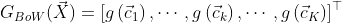 G_{B o W}(\vec{X})=\left[g\left(\vec{c}_{1}\right), \cdots, g\left(\vec{c}_{k}\right), \cdots, g\left(\vec{c}_{K}\right)\right]^{\top}