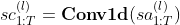 sc_{1:T}^{(l)} = \textbf{Conv1d}(sa_{1:T}^{(l)})