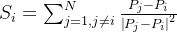 S_{i}=\sum_{j=1,j\neq i }^{N} \frac{P_{j}-P_{i}}{ \left | P_{j}-P_{i} \right |^{2\displaystyle } }