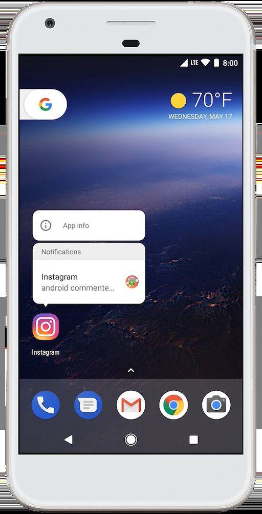 用户可以长按应用启动器图标以查看 Android 8.0 中的通知
