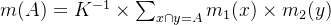 m(A)=K^{-1}\times \sum_{x\cap y=A}m_1(x)\times m_2(y)