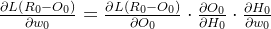 \frac{\partial L\left ( R_0-O_0 \right)}{\partial w_0}=\frac{\partial L\left ( R_0-O_0 \right)}{\partial O_0}\cdot \frac{\partial O_0}{\partial H_0}\cdot\frac{\partial H_0}{\partial w_0}