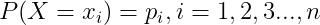 P(X=x_i)=p_i, i=1,2,3...,n