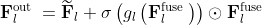 \mathbf{F}_{l}^{\text {out }}=\widetilde{\mathbf{F}}_{l}+\sigma\left(g_{l}\left(\mathbf{F}_{l}^{\text {fuse }}\right)\right) \odot \mathbf{F}_{l}^{\text {fuse }}