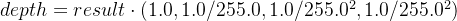 depth = result\cdot (1.0, 1.0/255.0, 1.0/255.0^{2}, 1.0/255.0^{2})