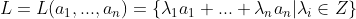 L=L(a_{1},..., a_{n})=\{ \lambda_{1} a_{1} + ... + \lambda_{n} a_{n} | \lambda_{i} \in Z \}