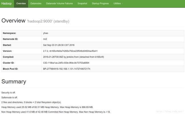 计算机生成了可选文字:|0Hadoop Overview Datanodes Datanode Volume Failures Snapshot Startup Progress Utilities Overview Namespace: Namenode ID: Started: Version: Compiled: Cluster ID: Block Pool ID: Summary Security is off. Safemode is off. 'hadoop2:9000' yhao nn2 (standby) Sat sep 03 01 CST 2016 2.7.2, rb165c4fe8a74265c792ce23f546c64604acfOe41 2016-01-26T00:08Z by jenkins from (detached from b165c4f) CID-118ba 1 ac-2df3-430e-9fde-8c73753a6894 BP-277984919-192.168.1.131-1472749072174 2 files and directories, 0 blocks = 2 total filesystem object(s). Heap Memory used 25.52 MB of 60.31 MB Heap Memory. Max Heap Memory is 966.69 MB. Non Heap Memory used 41.6 MB of 42.48 MB Commited Non Heap Memory. Max Non Heap Memory is -1 B.