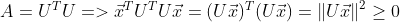 A=U^TU=>\vec{x}^TU^TU\vec{x}= (U\vec{x})^T(U\vec{x})= \left \|U\vec{x} \right \|^2 \geq 0