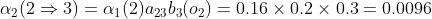 \alpha_{2}(2\Rightarrow 3)=\alpha_{1}(2)a_{23}b_{3}(o_{2})=0.16\times0.2\times0.3=0.0096