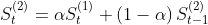 S _{t}^{\left ( 2 \right )}=\alpha S _{t}^{\left ( 1 \right )}+\left ( 1-\alpha \right )S _{t-1}^{\left ( 2 \right )}