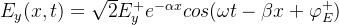 E_y (x,t)=\sqrt{2} E_y^{+}e^{-\alpha x}cos(\omega t -\beta x +\varphi_E^{+})