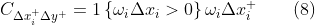 C_{\Delta x_{i}^{+}\Delta y^{+}}=1\left \{ \omega _{i}\Delta x_{i}> 0 \right \}\omega _{i}\Delta x_{i}^{+}\qquad(8)