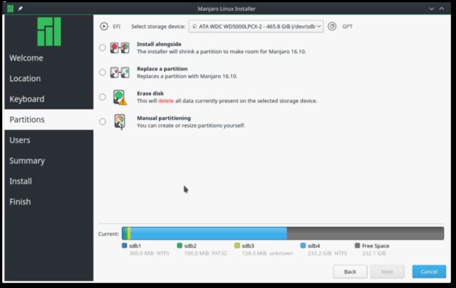 Calamares disk partitioning options 