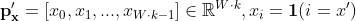 \mathbf{p}'_\mathbf{x}=[x_0,x_1,...,x_{W\cdot k-1}]\in \mathbb{R}^{W\cdot k},x_i=\mathbf{1}(i=x')