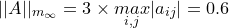 \small ||A||_{m_\infty }=3\times \underset{i,j}{max}|a_{ij}|=0.6