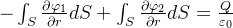 -\int_S\frac{\partial \varphi_1}{\partial r}dS+\int_S\frac{\partial \varphi_2}{\partial r}dS=\frac{Q}{\varepsilon_0}