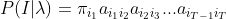 P(I|\lambda)=\pi_{i_{1}}a_{i_{1}i_{2}}a_{i_{2}i_{3}}...a_{i_{T-1}i_{T}}