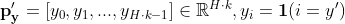 \mathbf{p}'_\mathbf{y}=[y_0,y_1,...,y_{H\cdot k-1}]\in \mathbb{R}^{H\cdot k},y_i= \mathbf{1}(i=y')