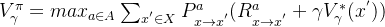 V_{\gamma}^{\pi}=max_{a\in A}\sum_{x^{'}\in X}P_{x\rightarrow x^{'}}^a(R_{x \rightarrow x^{'}}^a+\gamma V_{\gamma}^{*}(x^{'}))