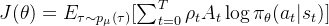 J(\theta) = E_{\tau \sim p_{\mu}(\tau)}[\sum_{t=0}^T \rho_t A_t \log \pi_{\theta}(a_t|s_t)]