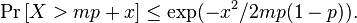 \Pr\left[ X>mp+x \right] \leq \exp(-x^2/2mp(1-p)) .