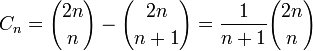 C_n = {2n \choose n} - {2n \choose n + 1} = \frac{1}{n+1}{2n \choose n}