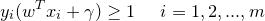 \small y_{i}(w^{T}x_{i}+\gamma )\geq 1\; \; \; \; \; i=1,2,...,m