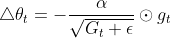 \bigtriangleup \theta _{t}=-\frac{\alpha }{\sqrt{G_{t}+\epsilon } } \odot g_{t}